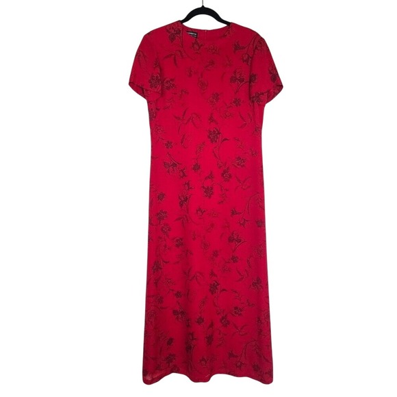 Liz Clairborne Silk Red Floral Maxi Dress Sz 6 Vintage 90s Minimalist Artsy  Chic